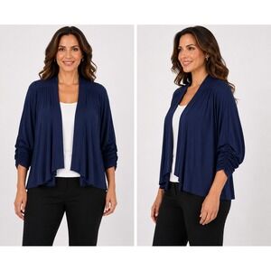 Perceptions New York Navy Blue Ruched Sleeve Open Front Cardigan 1X NWT